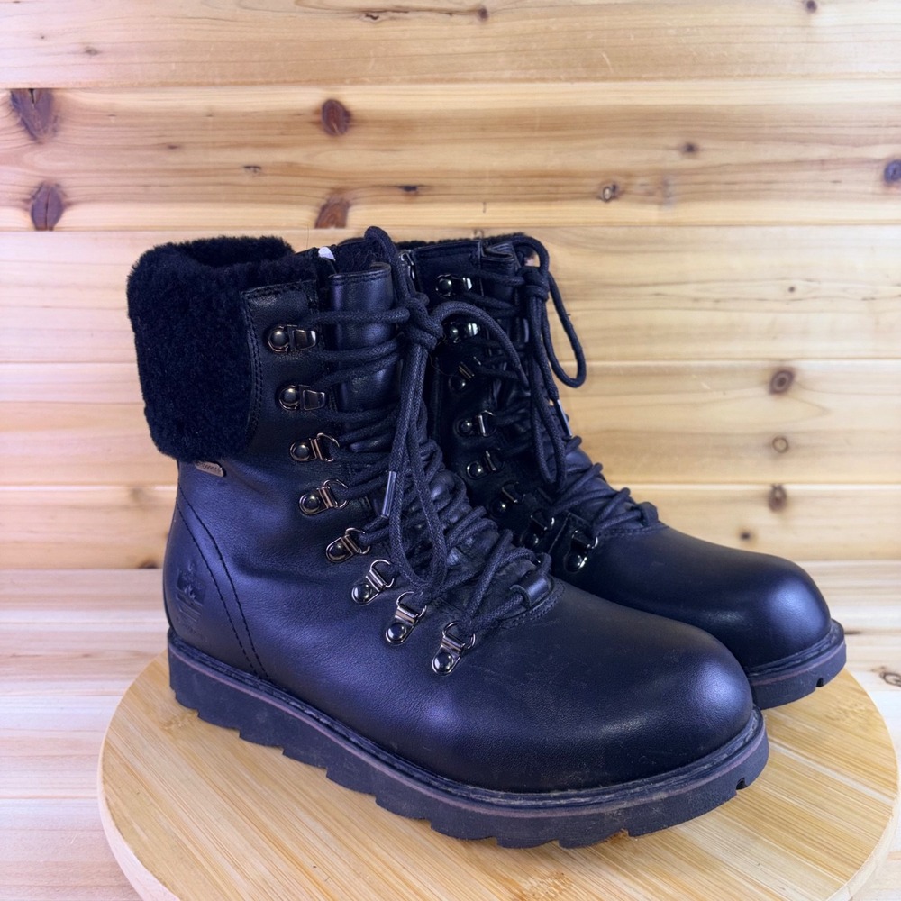 Royal Canadian Boots Womens 8 Black Leather Shearling Lined Blue Hawk Ice Cleats